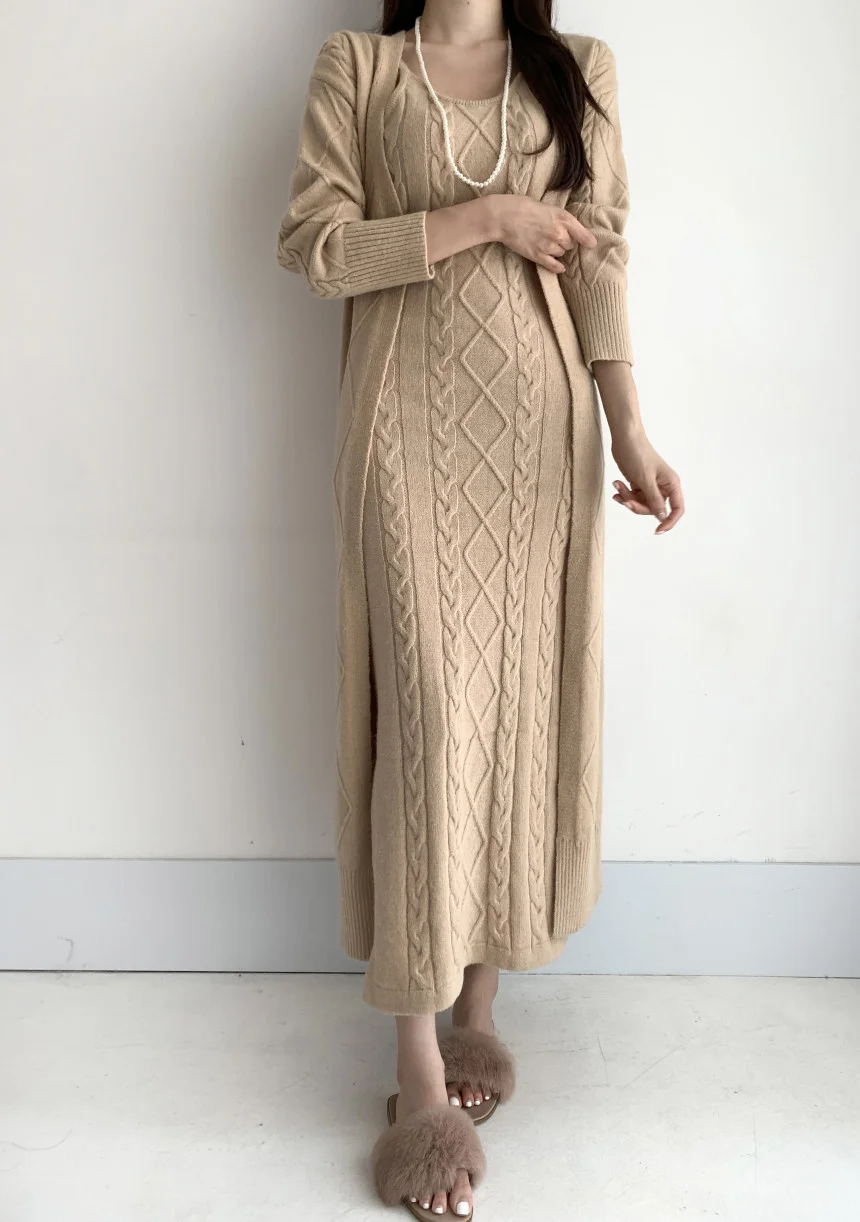 Elegant Fall Winter Thick Knitted 2 Piece Set Women Twist Long Cardigan Sweater Coat +Sleeveless Long Dress Suit Ensemble Femme