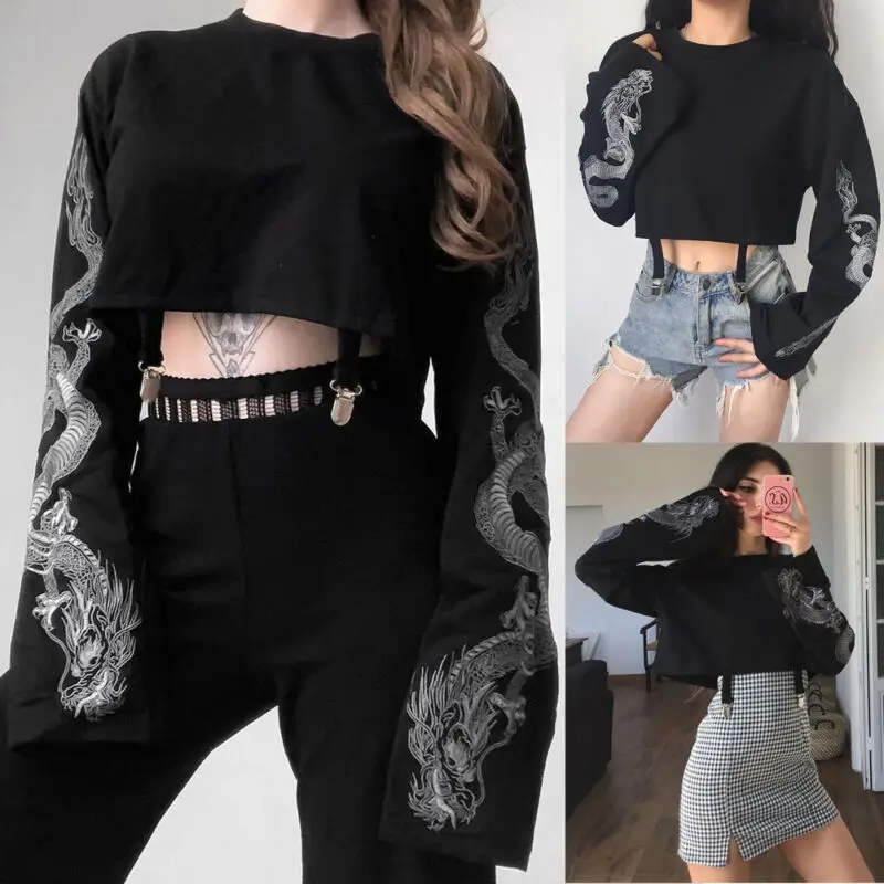 Женский короткий топ новинка 2019 модная черная рубашка женский с длинным рукавом