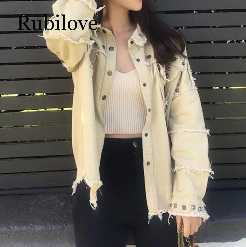 Best  Spring Studded Frayed Women's Denim Jacket Long Sleeve Women's Jackets Large Size Outerwear Irregul