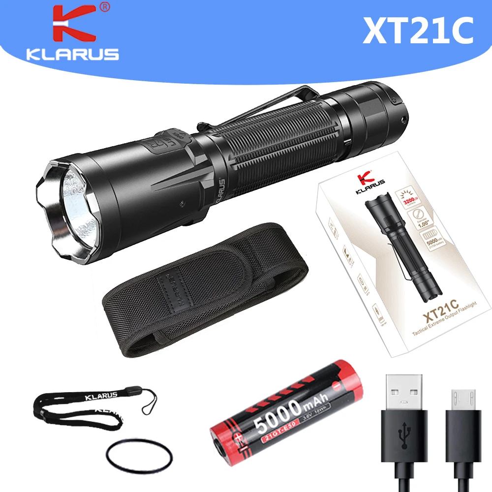 bright star flashlights Klarus XT21C Tactical Flashlight SST70 3200 LM Type-C Charging Lantern LED Flashlight with 21700 Battery for Outdoor Activities best flashlights for camping