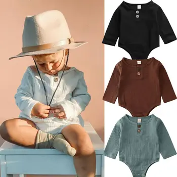

2020 Baby Spring Autumn Clothing Baby Kids Boys Girls Infant Cotton Linen Jumpsuit Bodysuit Solid Long Sleeve Outfit Set 0-2Y