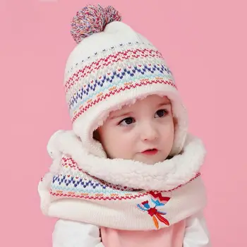 

Toddler Kid Winter Warm Plush Lined Pompom Embroidery Earflap Hat Infinity Scarf High Quality and Brand New