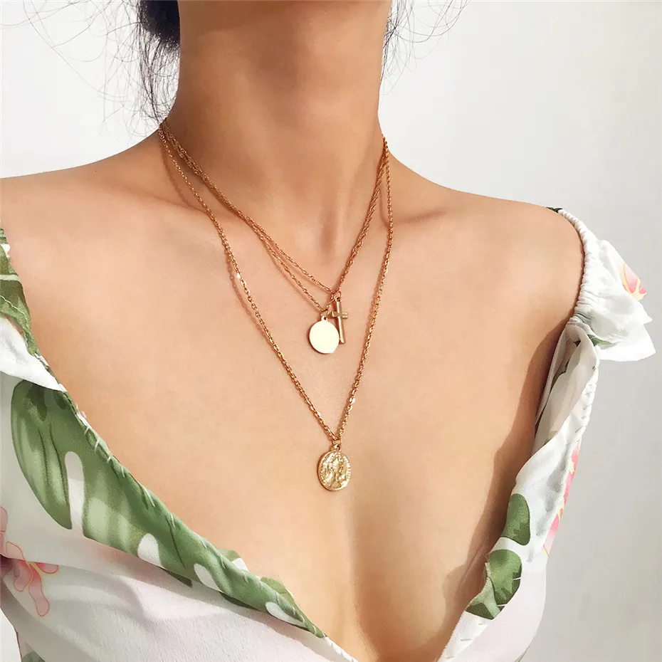 Vintage Queen Cross Coin Layered Necklace Detail