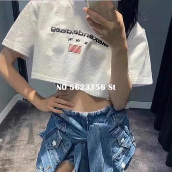 

Cotton Woman letter printed T-shirt short section short-sleeved womens white black tops tees T shirts women tshirt