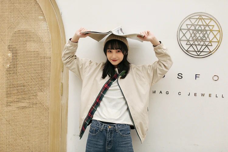 Корейская женская Двухсторонняя куртка с длинным рукавом Harajuku карманы пальто Женская клетчатая Свободная куртка на молнии осень