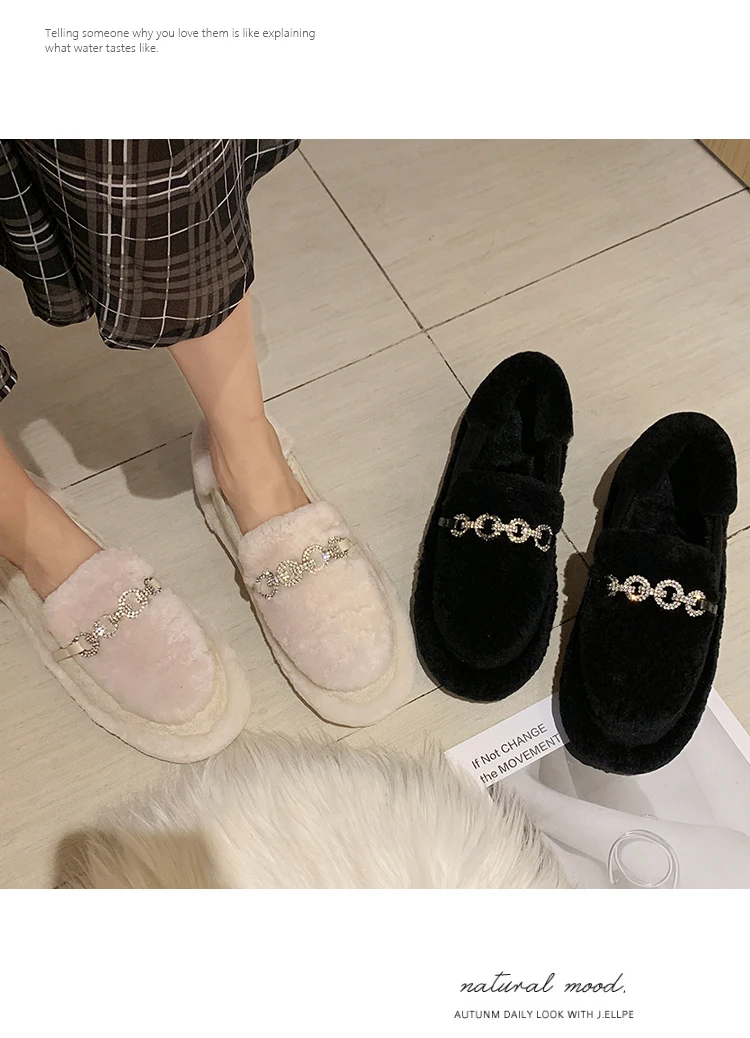 winter warm women cotton shoes creeper bottom anti-skid fur slip-on loafers rhinestone metal chain lazy outside casual moccasins
