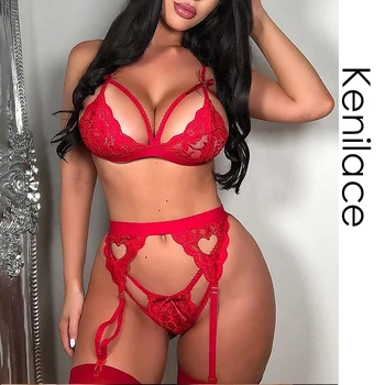 

3 Piece Sexy Lingerie Lace Women See Through Underwear Set Bralette And Thong Bodycon G-String Garter Erotic Push-Up Bra Panty