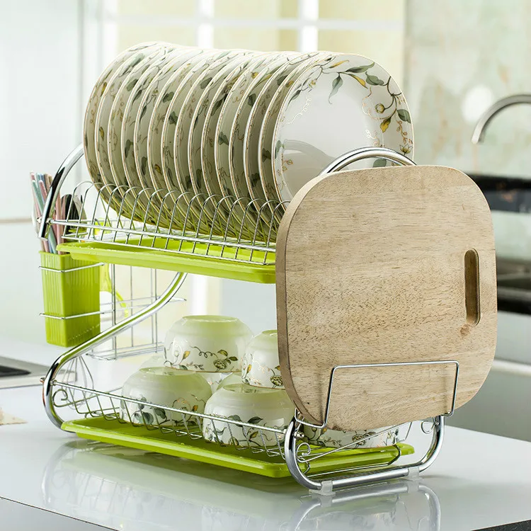 Кухонная раковина из нержавеющей стали, сливная стойка, кухонная полка, сделай сам, посуда, столовые приборы, сушилка для сухого слива, 2 слоя, стеллаж для хранения, органайзер для кладовки - Цвет: Green option 2