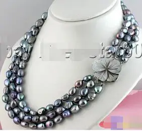3row 8-10mm black baroque freshwater pearl necklace 171819 + shell Flower clasp