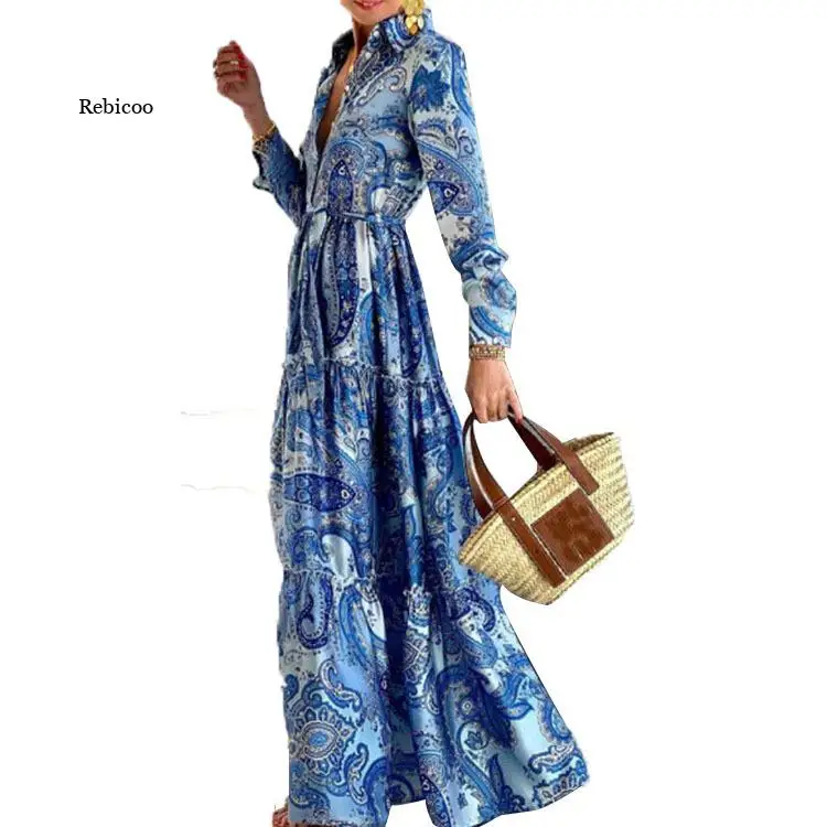 

Elegant Women Long Shirt Dress Turn-Down Collar Button Spring Long Sleeve Pleated Party Dress Loose Boho Maxi Beach Dress