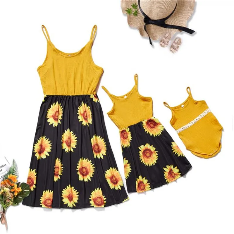 2020 Mother Daughter Dress Sun Flower Print Women Girls Kids Dress Family Look Matching Outfit Baby Romper Mommy and me Clothes