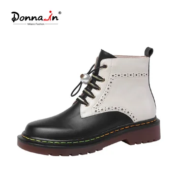 

Donna-in Women‘s Ankle Boots Lace Up Low Heels Platform Cow Leather 2020 Autumn Shoes Round Toe Patchwork New Fashion Black Boot