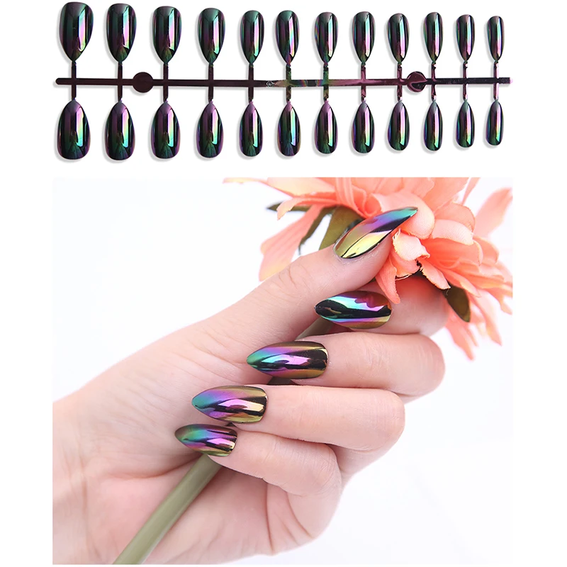 

24pcs/kit Reflective Mirror Light Soft Metal Plating False French Acrylic Nail Tips Metallic Artificial Nail Extension#&HTD67&#%