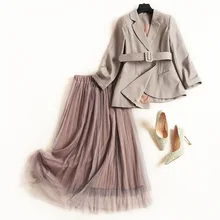 Женский осенне-зимний Блейзер, элегантный пиджак с поясом+ длинная Офисная Женская юбка, серый комплект из двух предметов, новинка