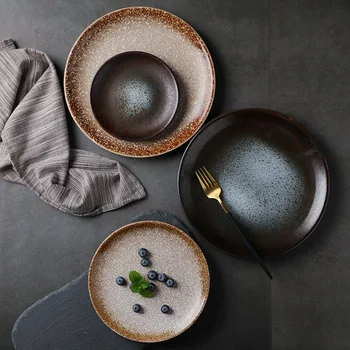 

Creative Retro Ceramic Dish Japanese Vintage Cutlery Plate Korean disc Home Dining Dish Steak Fruits Plates Balck Dinerware 1249