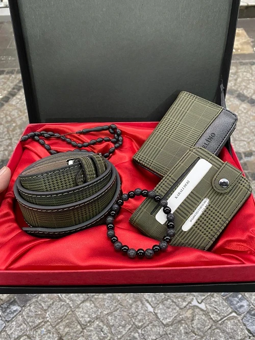 Carlino pulsera y Rosario para hombre, Conjunto elegante de en caja, patrón de cuadros verdes|Carteras|