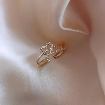

MENGJIQIAO 2020 Korean Delicate Zircon Heart Twist Open Adjustable Rings For Women Students Micro Pave Finger Ring Jewelry