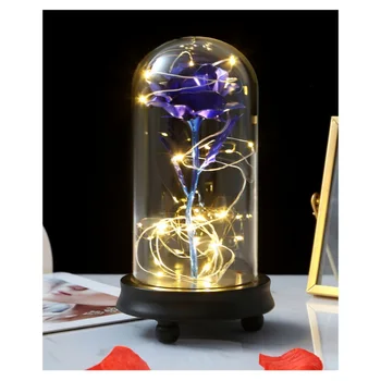 

LED 24K rose Beauty And The Beast Red Rose In A Glass Dome On A Wooden Base For Valentine's Gifts LED Rose Lamps Christmas