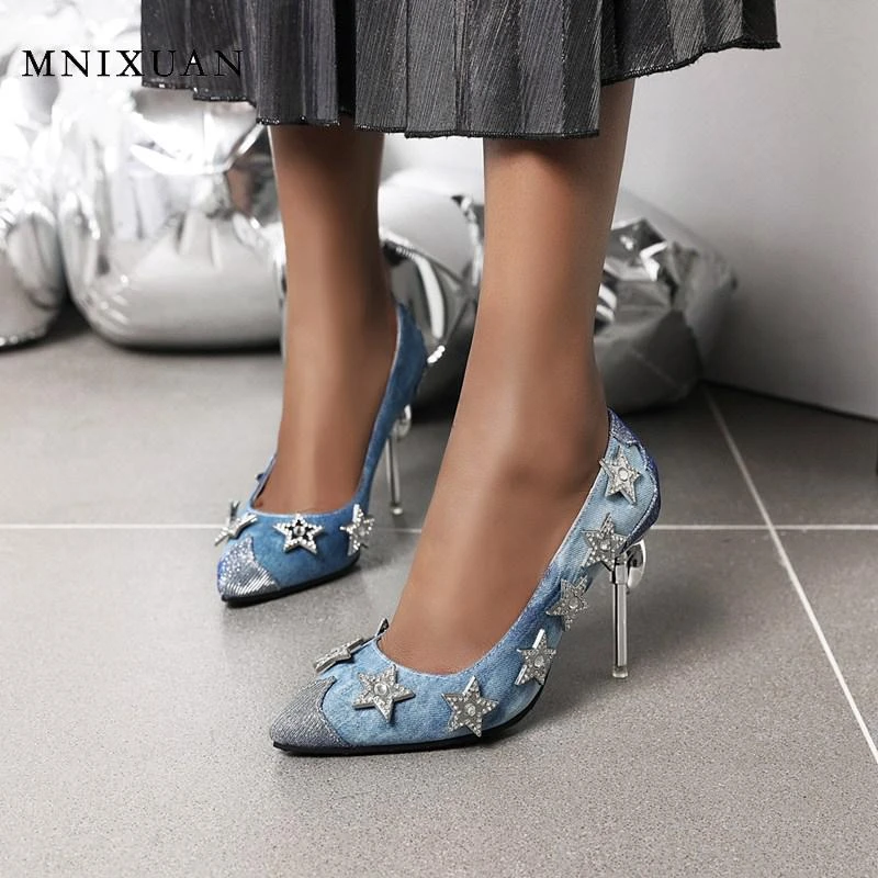 denim and rhinestone shoes