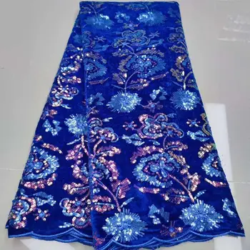 

African Velvet Lace Fabric royal blue With Sequins Nigerian French Lace Fabrics 2020 High Quality Sequined For Wedding Dress