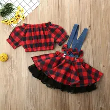 Комплекты в клетку из 2 предметов рождественское платье для маленьких девочек пуловер с короткими рукавами и принтом, топ, комбинезон, платье, комплект, Прямая поставка