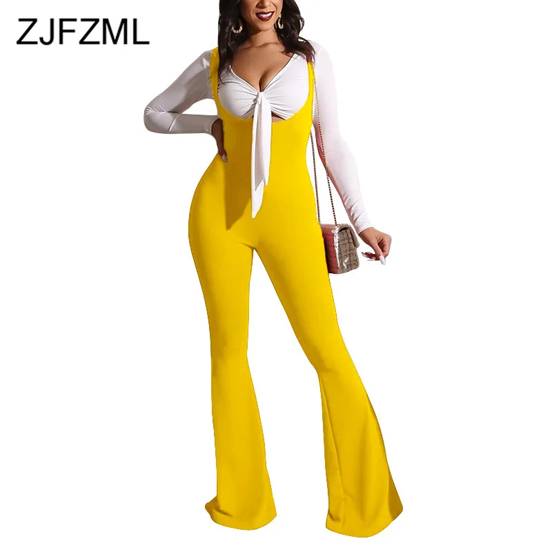 

Spaghetti Strap Sexy Slim Fit Two Piece Matching Set Women Deep V Neck Long Sleeve Bandage Crop Tops+Package Hip Wide Leg Pants