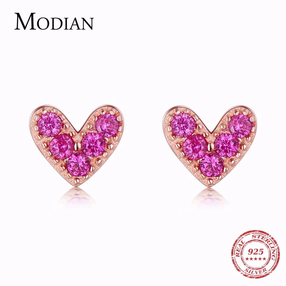 Modian Genuine 925 Sterling Silver Hearts Fashion Rose Gold Color Pink CZ Simple Stud Earrings For Women Sterling Silver Jewelry