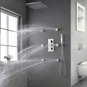

Luxury Brass Shower System with Body Spray Jets, Bathroom Ceiling Mount 16" inch LED Showerhead Handheld Shower Faucet Combo Set