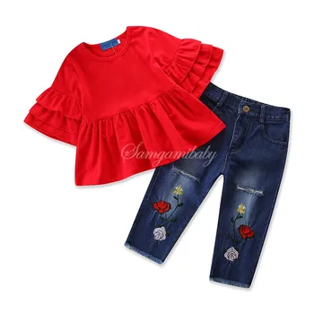 

2020 Summer Girls' Flare Sleeve Top + Embroidered Denim Set