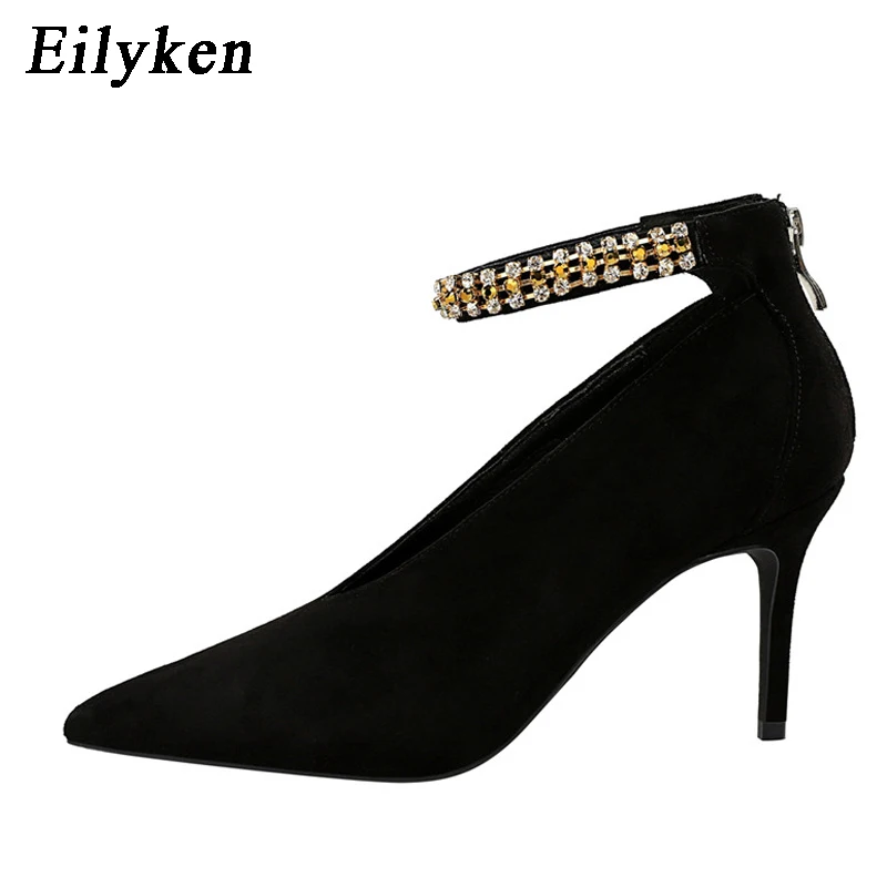 Eilyken/модные женские туфли-лодочки с острым носком и v-образной пряжкой, каблуки пряжки, ремни, шпильки, сексуальные туфли с ремешком на щиколотке, женские туфли-лодочки - Цвет: Black  7.5CM