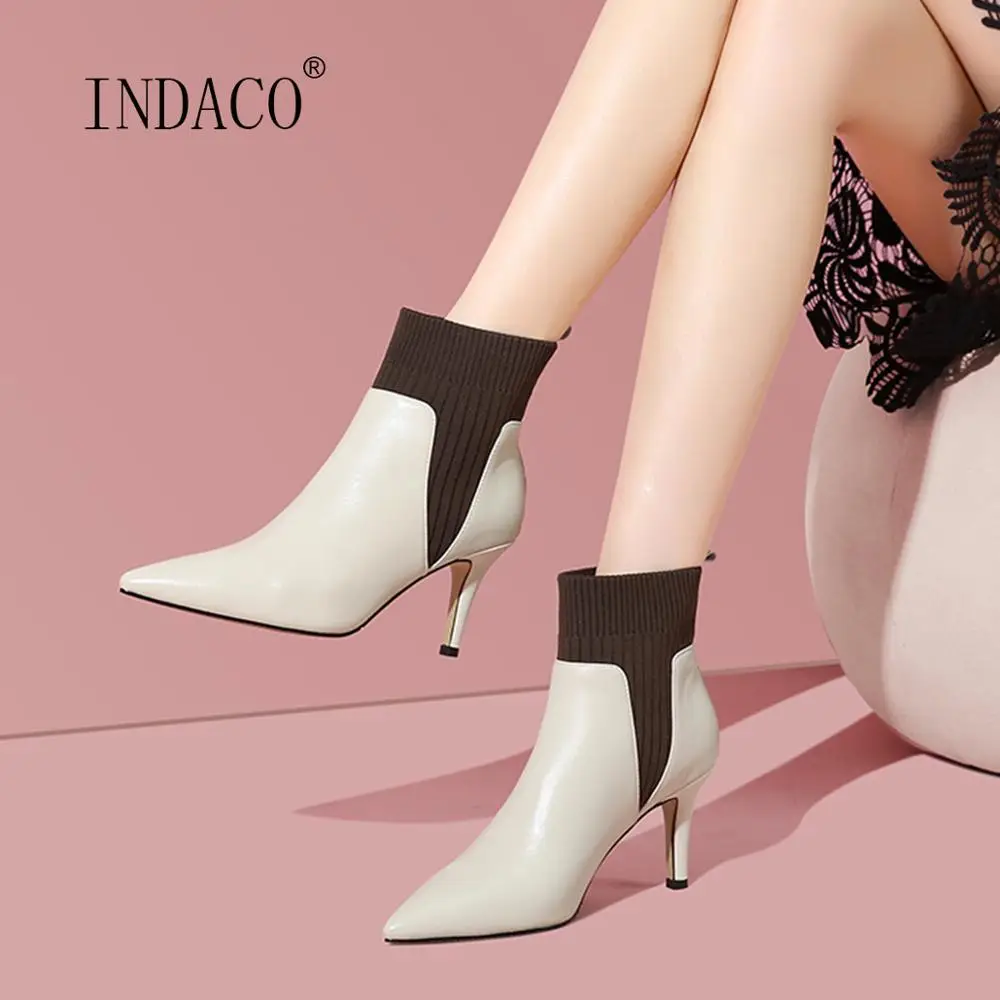 

Women Winter Boots High Heels White Ankle Boots For Women Pointed Toe Mixed Colors Warm Boots Thin Heel
