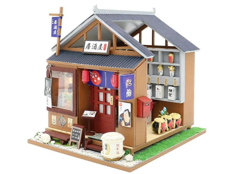 DIY Miniature Dollhouse Kit Vintage 3D Model Building Japanese Sushi Restaurant Birthday Gift Wooden Large Doll House Furniture 16
