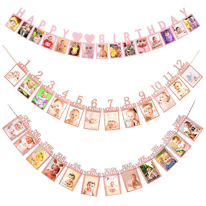 Happy Birthday Photo Frame Banner for Family First Party Decoration Kids Baby Boy Girl My 1st One Year 12 Month Newborn Garland