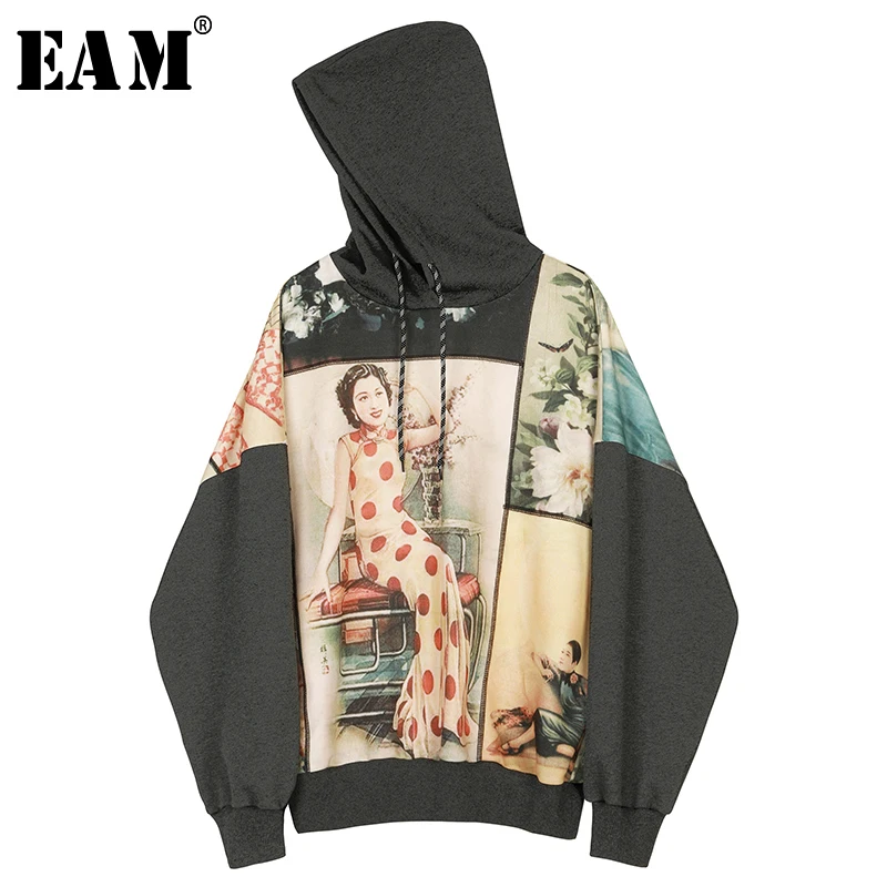 

[EAM] Loose Fit Vinatge Pattern Printed Sweatshirt New Hooded Long Sleeve Women Big Size Fashion Tide Autumn Winter 2019 1B463