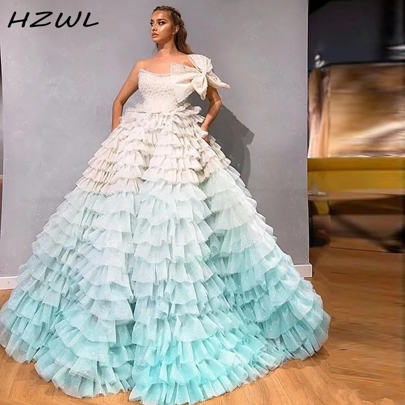 

Gradation Ball Gown Pageant Dresses Strapless Beaded Bow Tie Tulle Skirt Tiered Prom Dress Lace Up Back Graduation Dress