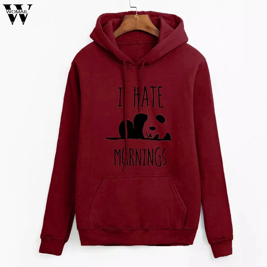 Womail, толстовки, Осенние, свободные, для женщин, панда, I Hate Morinings, с принтом, толстовки с карманами, модный, длинный рукав, толстовка, пуловер