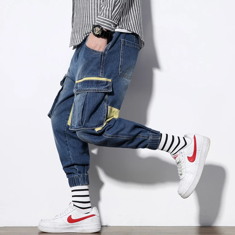 Мужские хип-хоп брюки уличная разгрузочные жилеты фитнес джинсы брюки карго мужские лоскутные свободные джинсы LBZ157