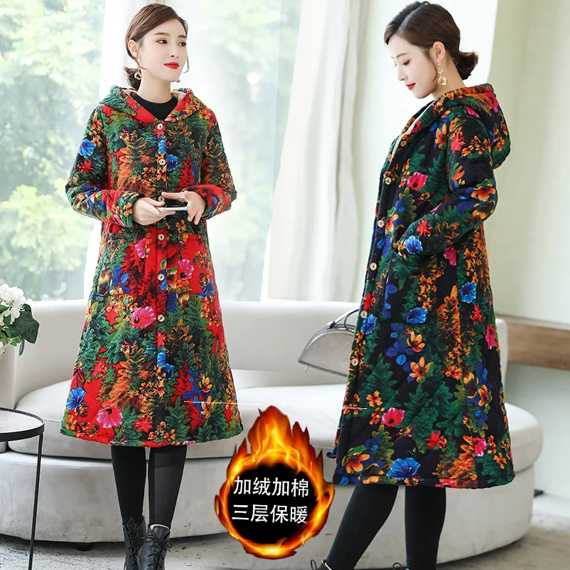 

New Style Ethnic-Style WOMEN'S Dress Retro Printing plus Velvet plus Cotton Warm Large Size Mid-length Hooded Cotton-padded Clot