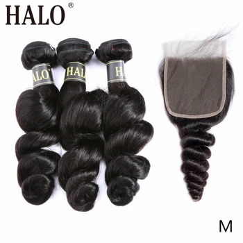 

Halo 28 30 Inch 3 Bundles Loose Weave Bundles With Lace Closure 4*4 Middle Part Remy 100% Brazilian Human Hair Pre Preplucked