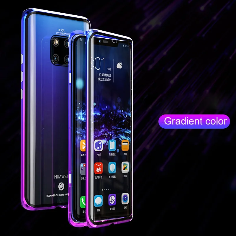 Для huawei mate 20 Pro Магнитный чехол передний+ задний двухсторонний чехол из закаленного стекла для huawei P30 Pro градиентный металлический бампер чехол - Цвет: blue-purple
