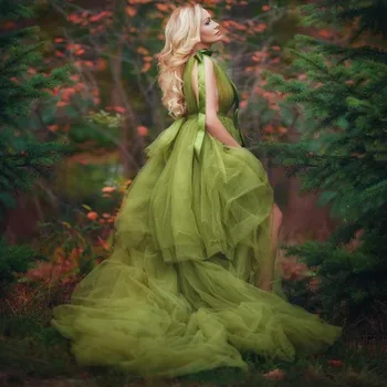 

Grass Green Materinity Robe Evening Dresses Split Tiered Puffy Long Photography Pregnant Woman Prom Dress Plus Size Party Gown