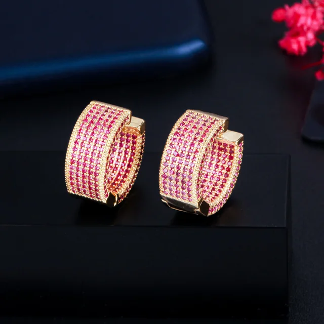 Pera Trendy Micro Full Multicolor CZ Pave Golden Color Circle Hoop Earrings for Women Wedding Party Exquisite Jewelry Gift E761 Gold Red