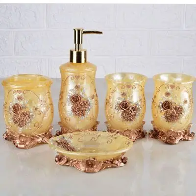 HOT 5pcs Gold Embossment Flower Bathroom Accessory Set Resin Soap Dish Dispenser 