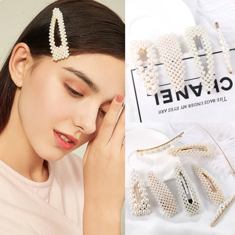 

Ins hot sale fashion pearl hair clip for women 2019 trendy gold silver color geometric pearl hair clip jewelry wholesale