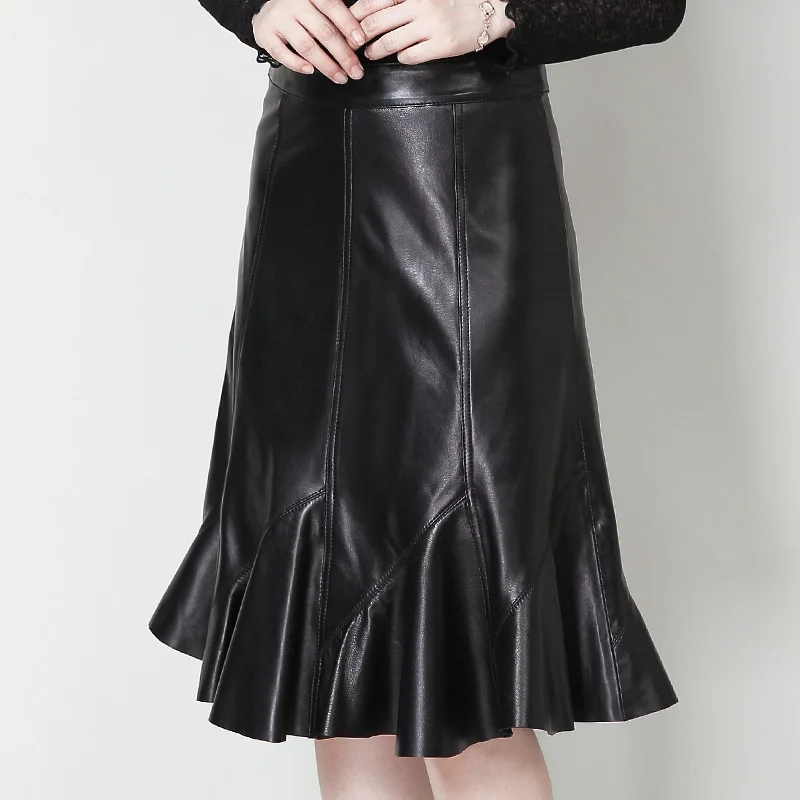 

Elegant Genuine Leather Skirts Women High Waist Black Real Sheepskin Ruffle Design Office Ladies Midi Skirts Female