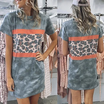 

Summer Mini Shirt Dress Women Casual Camouflage Leopard Printed Round Neck Short Sleeve Women Mini Dress Sexy Dress