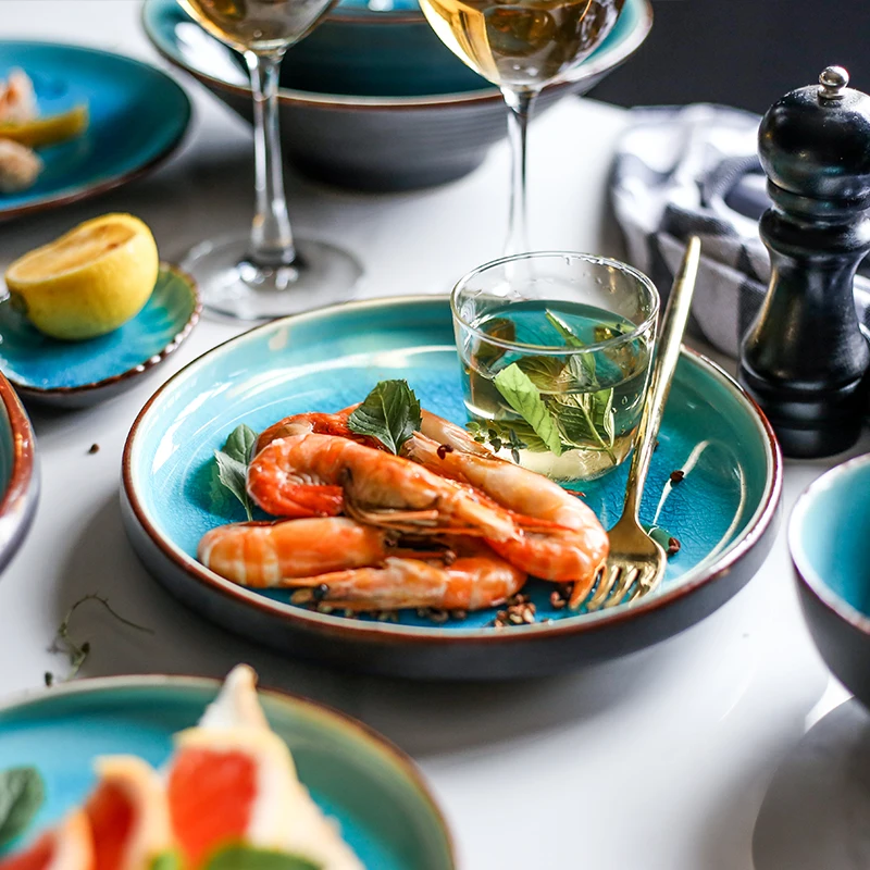 Ice Cracking KINGLANG Ceramic Tableware Household Dishes Rice Bowls Steamed Fish Dishes Porcelain Blue Dinner Plates