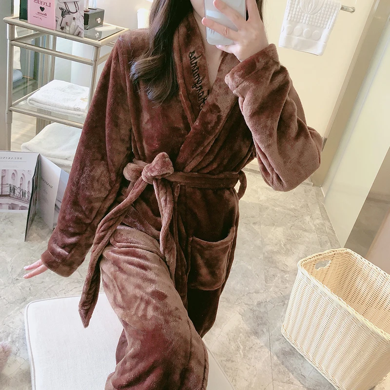 2021 Women's Winter Coral Velvet Robe Warm Long Bathrobe Thick Athrobe Pajamas Thickened Robe Sets пижама женская Sleep Lounge