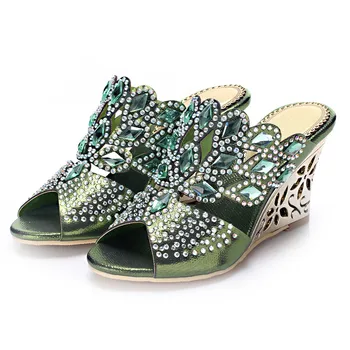 

Christia Bella Rhinestones High Heels Women Bohemian Style Shoes Large Size Open Toe Wedge Heels Shoes Casual Style Women Pumps