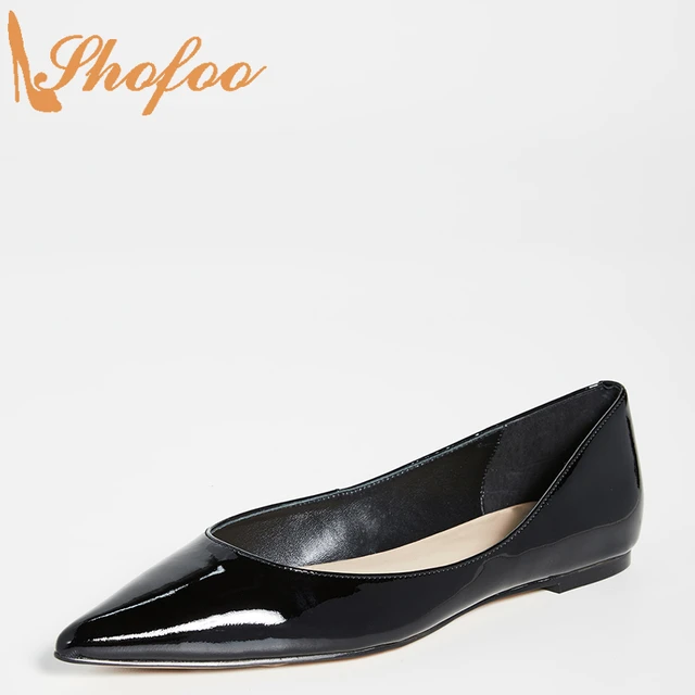 Black Ballet Flats Woman Shoes Patent Leather Large Size 14 15 Pointed Toe  Slip On Office